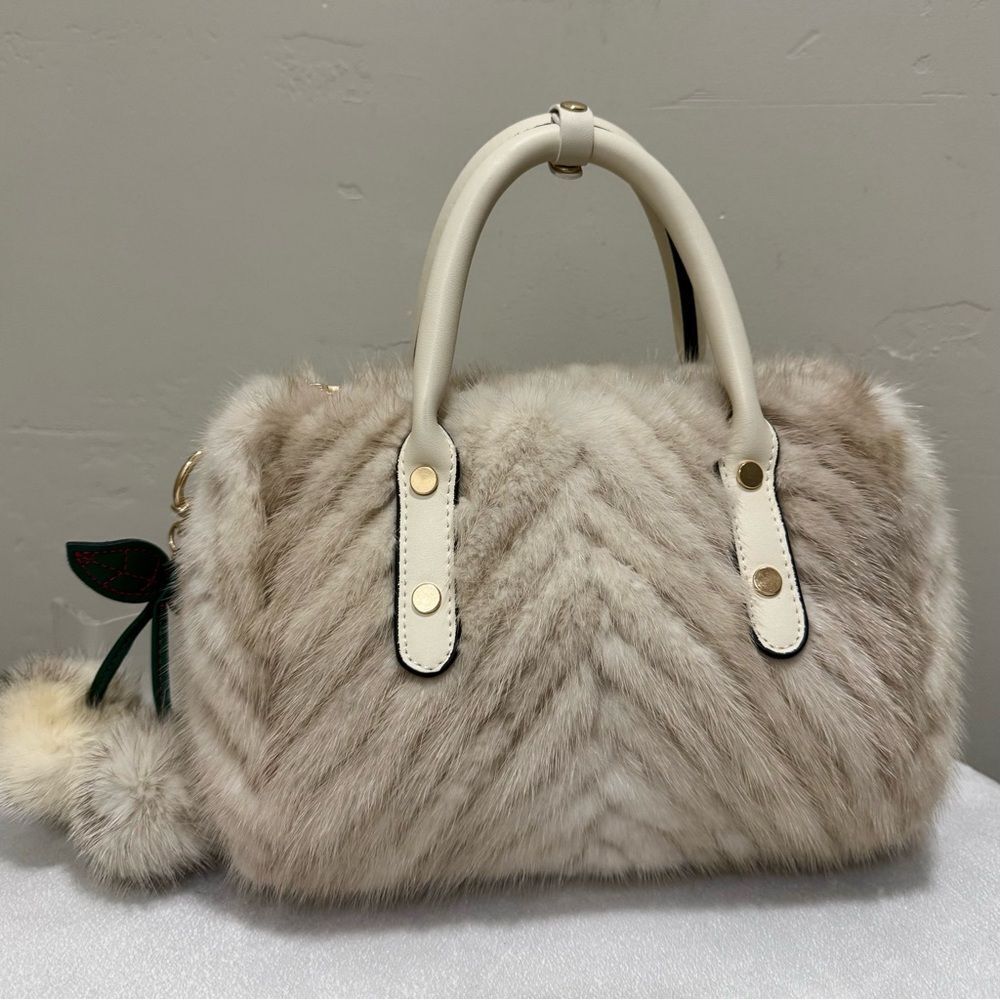 Ivory Real Mink Fur & Leather Handles Handmade Boston Bag & Mink Fur Bag Charm